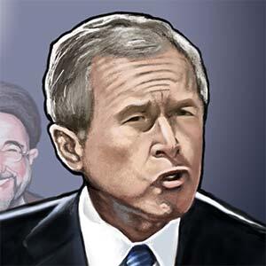Illustration of George W Bush threatening Saddam Hussein